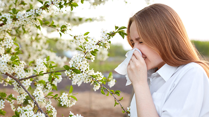 Mulher a assoar-se junto a uma árvore em flor